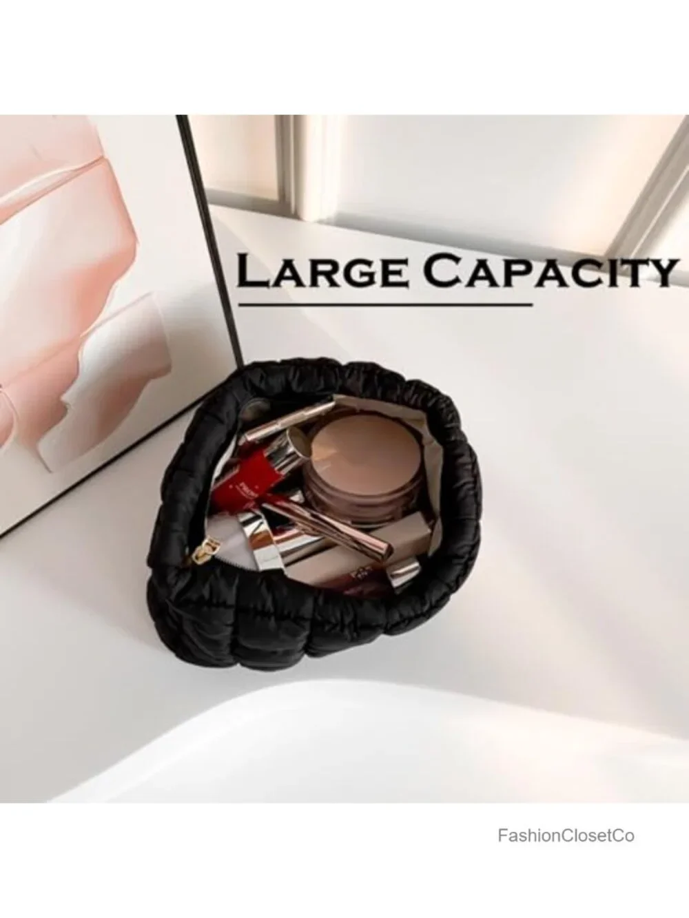 Puffy Quilted Makeup Bag Travel Cosmetic Organizer Pouch Clutch Nylon